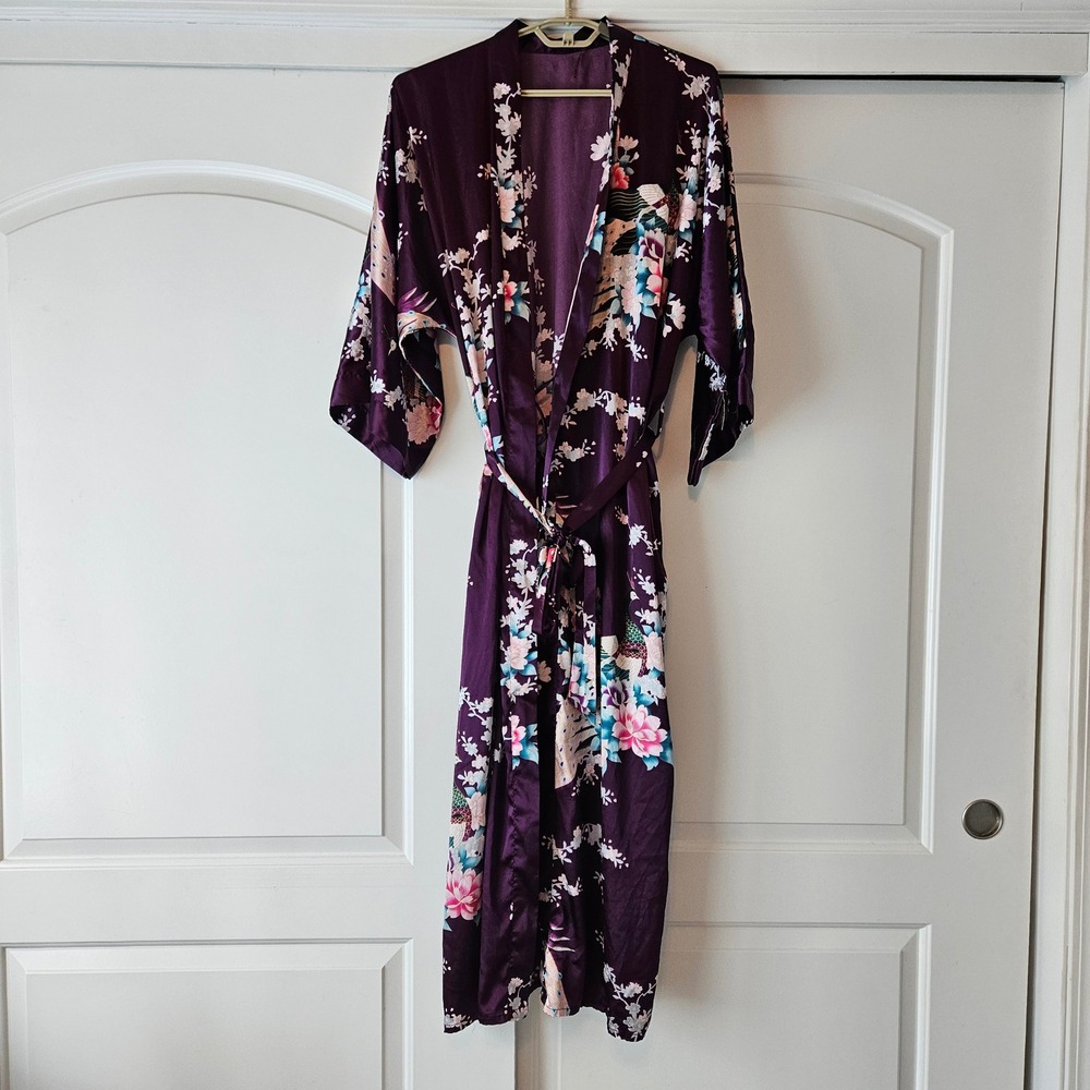 KIM + ONO Purple Peacock Floral Kimono Robe One Size Satin Long Gown Asian Belt